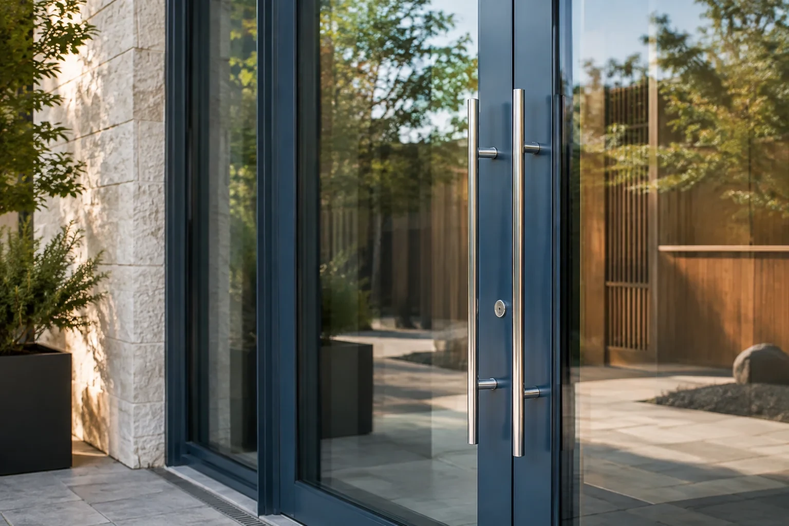 Dark-framed glass entrance doors with long silver-colored vertical pull handles and a round keyhole.
