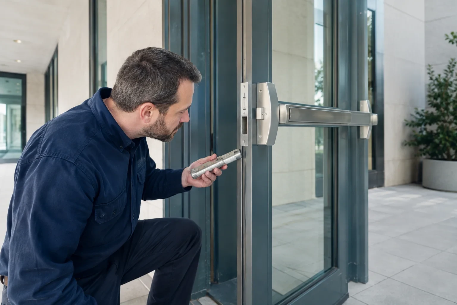 Person holding a flashlight near the edge hardware of an open glass door fitted with a horizontal push bar.