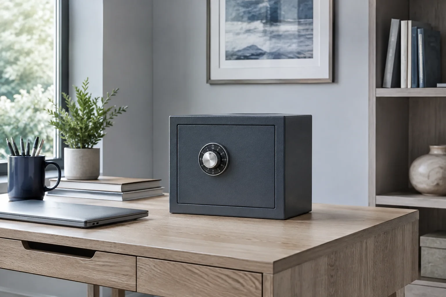 Small dark safe with a combination dial on a wooden desk beside a closed laptop and books.