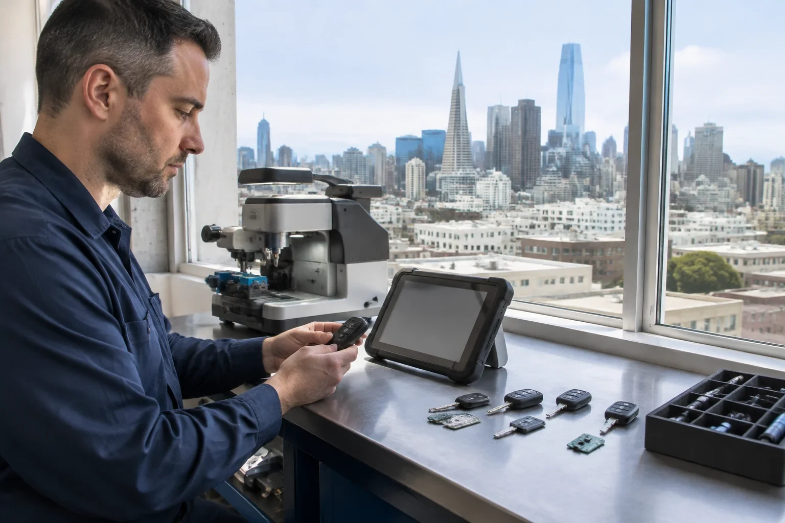 Person holding a car-key fob at a workbench with a tablet, keys, circuit boards and a bench machine beside a window overlooking city buildings.
